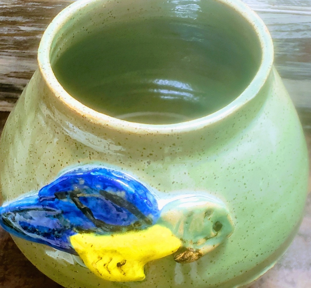 Studio pottery Parrot planter signed. Tropical, bi